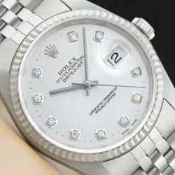 AUTHENTIC MENS ROLEX DATEJUST 16234 SILVER DIAMOND 18K WHITE GOLD & STEEL WATCH