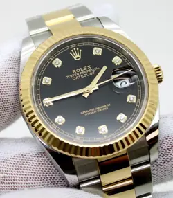 ROLEX DATEJUST 41MM 126333 18K FLUTED BLACK DIAMOND DIAL TWO TONE OYSTER WATCH