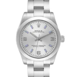 ROLEX MIDSIZE 31 SILVER DIAL BLUE HOUR MARKERS STEEL LADIES WATCH 177200