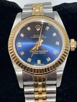 ROLEX OYSTER PERPETUAL LADIES 67193 BLUE DIAMOND DIAL 18K GOLD & STEEL