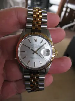ROLEX MENS DATEJUST QUICKSET 18K YELLOW GOLD & STAINLESS STEEL SILVER DIAL WATCH
