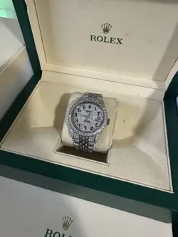 CUSTOM ROLEX DATEJUST STEEL 36MM ARABIC SCRIPT PAVE DIAL DIAMOND WATCH W/ BOX