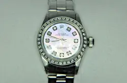 ROLEX OYSTER PERPETUAL LADY STAINLESS STEEL DIAMOND DIAL BEZEL WATCH 