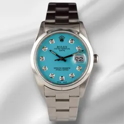 ROLEX DATE 34MM LADIES BABY BLUE DIAMOND DIAL OYSTER STEEL WATCH 15000