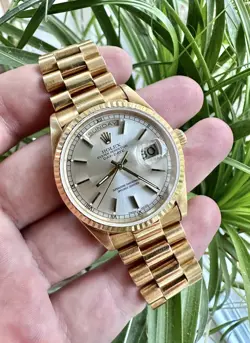 ROLEX DAY-DATE 36MM 18238 GOLD PRESIDENT BRACELET WITH GOLD BEZEL SILVER DIAL
