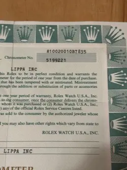 ROLEX Guarantee Warranty Paper  from 1990's Oyster Perpetual