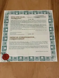 ROLEX Guarantee Warranty Paper  from 1990's Oyster Perpetual