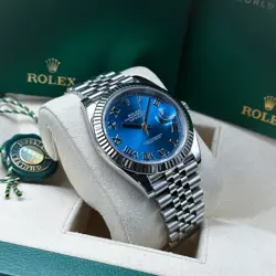 ROLEX DATEJUST 41MM 126334 BLUE ROMAN DIAL ON JUBILEE BRACELET 18K GOLD BEZEL