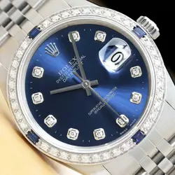 MENS ROLEX DATEJUST BLUE DIAMOND DIAL SAPPHIRE BEZEL 18K WHITE GOLD STEEL WATCH