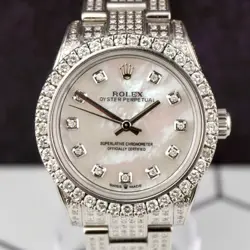 Rolex Oyster Perpetual 31mm Midsize ICED 8ct Diamonds Pearl Steel Watch 177234