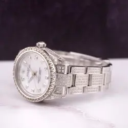 Rolex Oyster Perpetual 31mm Midsize ICED 8ct Diamonds Pearl Steel Watch 177234