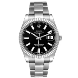 MEN'S ROLEX 41MM DATEJUST STAINLESS STEEL WATCH WITH BLACK DIAL & FLUTED BEZEL.