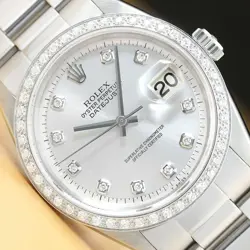 MENS ROLEX DATEJUST SILVER DIAL WATCH + 18K WHITE GOLD DIAMOND BEZEL