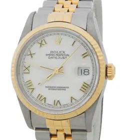 ROLEX DATEJUST MENS 2TONE 18K GOLD STEEL DATEJUST 16233 WATCH WHITE ROMAN DIAL