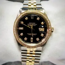 ROLEX MENS DATEJUST BLACK DIAMOND WATCH STEEL AND 18K GOLD DIAMOND BEZEL
