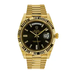 ROLEX DAY-DATE 40 WATCH 40MM BLACK DIAMOND BAGUETTE INDEX DIAL YELLOW GOLD