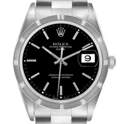 ROLEX DATE ENGINE TURNED BEZEL STEEL MENS WATCH 15210 BOX PAPERS
