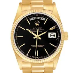 ROLEX PRESIDENT DAY DATE YELLOW GOLD BLACK DIAL MENS WATCH 18038