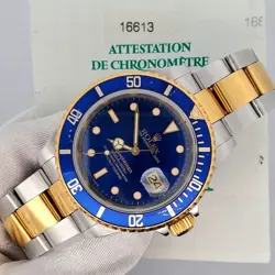 ROLEX SUBMARINER DATE 16613 40MM BLUE DIAL YELLOW GOLD/STEEL WATCH BOX PAPERS