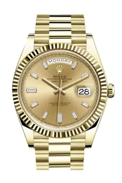 ROLEX DAY-DATE WATCH 40MM CHAMPAGNE DIAMOND BAGUETTE INDEX DIAL YELLOW GOLD