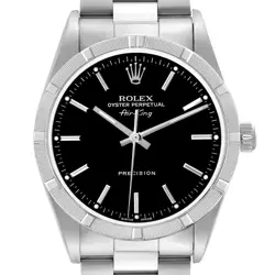 ROLEX AIR KING ENGINE TURNED BEZEL BLACK DIAL STEEL MENS WATCH 14010 BOX PAPERS