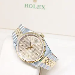 ROLEX 36MM OYSTER PERPETUAL 18K HALF YELLOW GOLD CHAMPAGNE TAPESTRY INDEXES DIAL