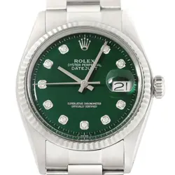 ROLEX MENS DATEJUST GREEN DIAMOND DIAL 18K WHITE GOLD STEEL WATCH W/ OYSTER BAND