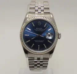 ROLEX DATEJUST 16234 BLUE DIAL, SILVER JUBILEE BRACELET, WHITE GOLD FLUTED BEZEL