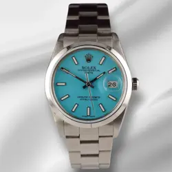 ROLEX DATE 34MM LADIES BABY BLUE DIAL OYSTER STEEL WATCH 15000