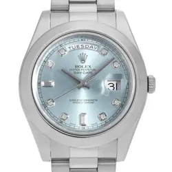ROLEX DAY DATE II 8P ROUND/2P BAGUETTE DIAMONDS 218206A ICE BLUE V NUMBER SE...