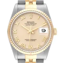ROLEX DATEJUST STEEL YELLOW GOLD IVORY ROMAN DIAL MENS WATCH 16233 BOX PAPERS