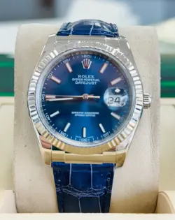 ROLEX DATEJUST 36MM 18K WHITE GOLD 116139 FLUTED BEZEL BLUE DIAL LEATHER BAND