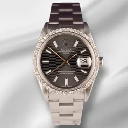 ROLEX DATE 34MM LADIES 1.5CT PRONG GREY MOTIF DIAL STEEL WATCH 15000
