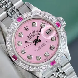 ~ROLEX LADY DATEJUST WATCH STAINLESS STEEL PINK DIAL DIAMOND-RUBY BEZEL 26MM