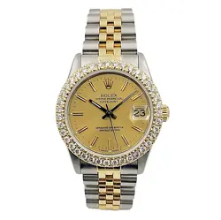 LADIES ROLEX MIDSIZE 31MM DATEJUST 18K GOLD / STEEL WATCH WITH DIAMOND BEZEL.