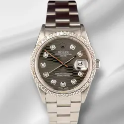 ROLEX DATE 34MM LADIES 1.5CT PRONG GREY MOTIF DIAMOND DIAL STEEL WATCH 15000
