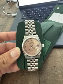 ROLEX - MEN'S 36MM STAINLESS STEEL DATEJUST ROSE ROMAN DIAL 16200