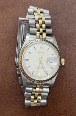 70s Rolex Datejust 1601 Mens 2Tone Yellow Gold Stainless Steel Watch Linen Dial