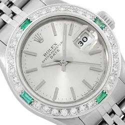 ROLEX LADIES STAINLESS STEEL SILVER INDEX DIAL DIAMOND & EMERALD BEZEL WATCH