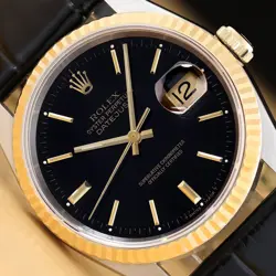 ROLEX MENS DATEJUST 16233 BLACK DIAL 18K GOLD STEEL WATCH W/ BLACK LEATHER BAND