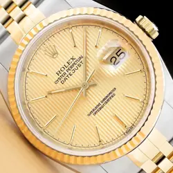 ROLEX MENS DATEJUST 16233 CHAMPAGNE TAPESTRY DIAL 18K GOLD STEEL 2-TONE WATCH
