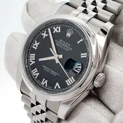 ROLEX DATEJUST 36MM BLACK ROMAN DIAL JUBILEE STEEL WATCH 116200