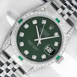 ROLEX DATEJUST 36 STEEL AND 18K GOLD WITH GREEN DIAMOND DIAL EMERALD BEZEL WATCH