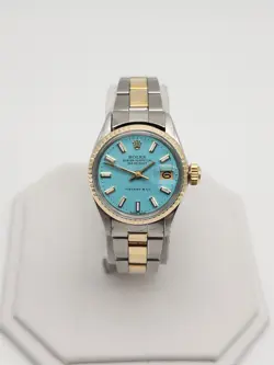 $12000 ROLEX DATEJUST TIFFANY & CO BLUE 14K YELLOW GOLD SS LADIES WATCH SERVICED