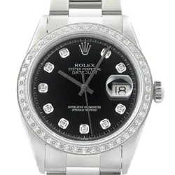 ROLEX MENS DATEJUST BLACK DIAL 18K WHITE GOLD & STAINLESS STEEL DIAMOND WATCH