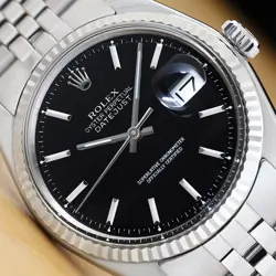 ROLEX MENS DATEJUST 18K GOLD STEEL BLACK DIAL WATCH W/ FOLDED JUBILEE BRACELET