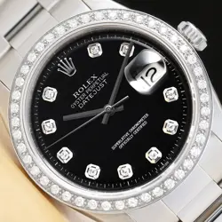ROLEX MENS DATEJUST BLACK DIAL 18K WHITE GOLD STEEL DIAMOND WATCH W/ OYSTER BAND