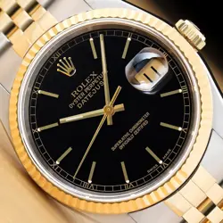ROLEX MENS DATEJUST 16233 BLACK DIAL 18K YELLOW GOLD STEEL 2-TONE JUBILEE WATCH