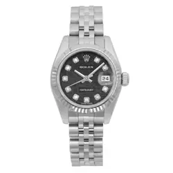 ROLEX DATEJUST 26 18K WHITE GOLD STEEL BLACK JUBILEE DIAMOND DIAL WATCH 179174 