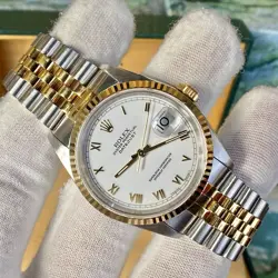 Rolex Datejust 36 mm BOX PAPERS Two Tone Jubilee Whiter Roman Dial Yellow Gold